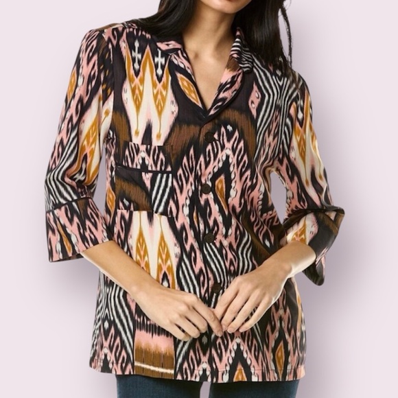 NWT Figue Nova Abstract Button Up Blouse Top Brown Pink Black Size Small - Picture 1 of 16